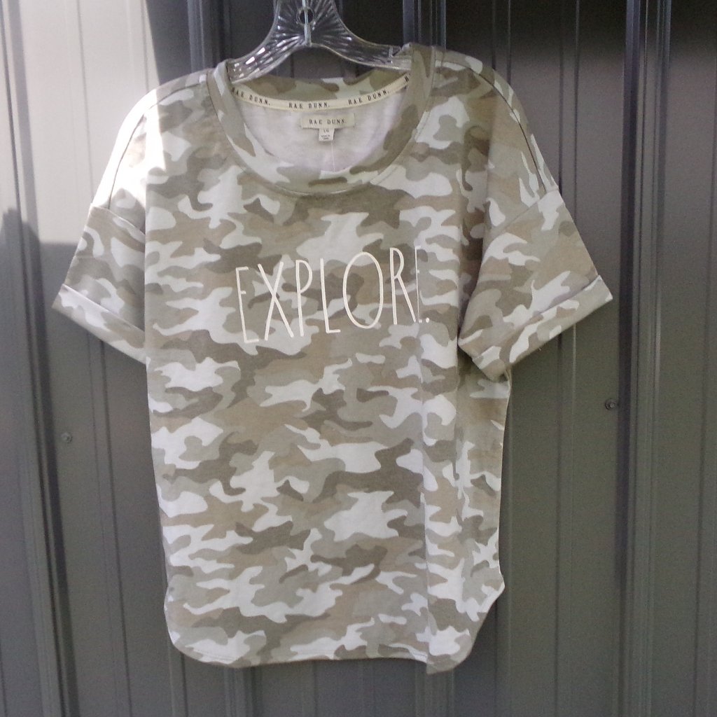 Rae Dunn Gray Camo "Explore" Short Sleeve Top- Size L